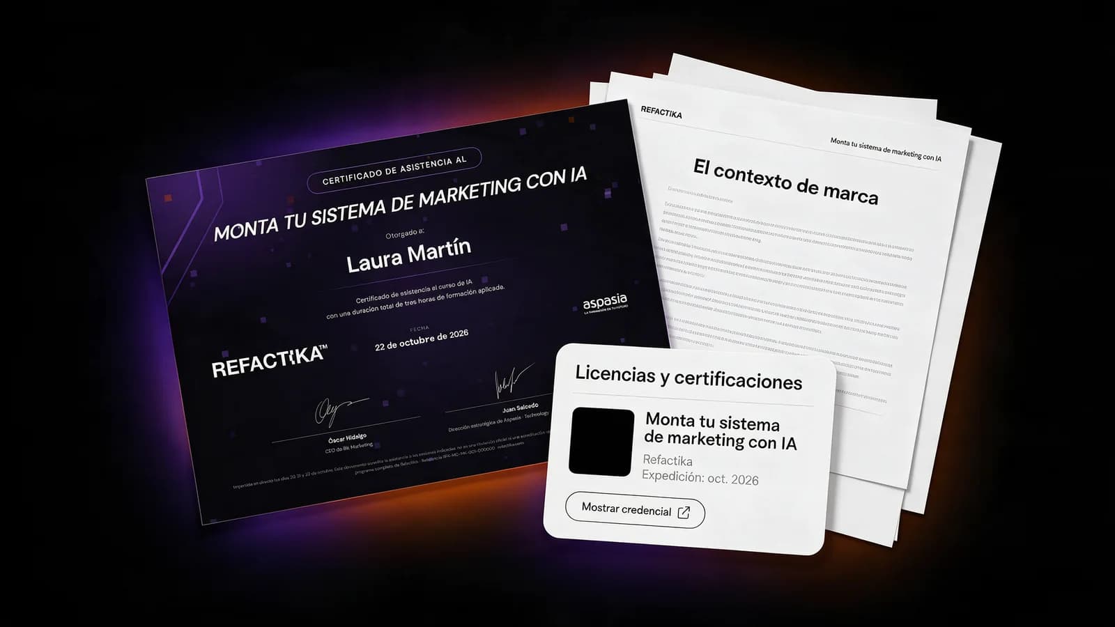 Certificado de asistencia, la plantilla del contexto de marca y la credencial publicada en el perfil